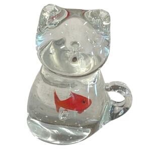 Vintage Hand Blown Clear Art Glass Cat with Goldfish in Belly paperweight
